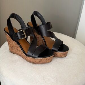 Black Cork Wedge Sandals with Buckle Strap - Women